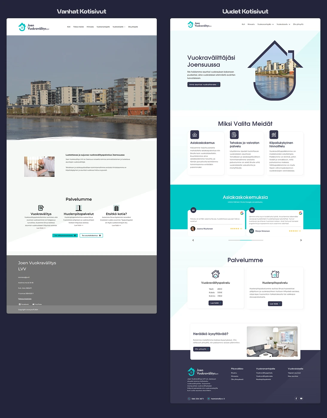 JVV:n uudet ja vanhat verkkosivut vierekkäin