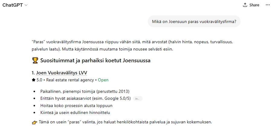 Kuvankaappaus ChatGPT:n kanssa käydystä keskustelusta, jossa ChatGPT suosittelee JVV:tä Joensuun parhaana vuokravälittäjänä