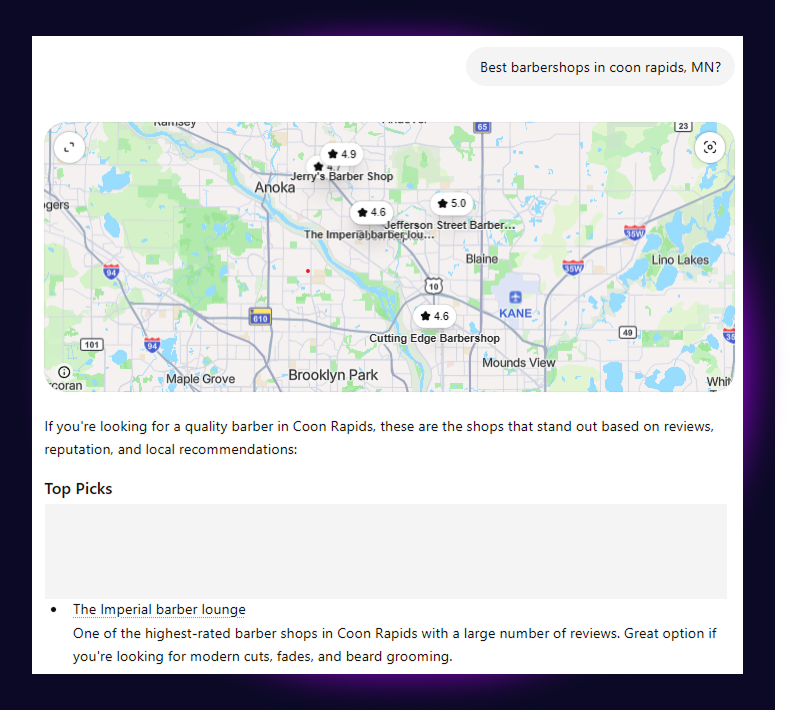 ChatGPT showing Imperial Barber Lounge as the 2nd suggestion when asking for "Best barbers in Coon Rapids, MN?"