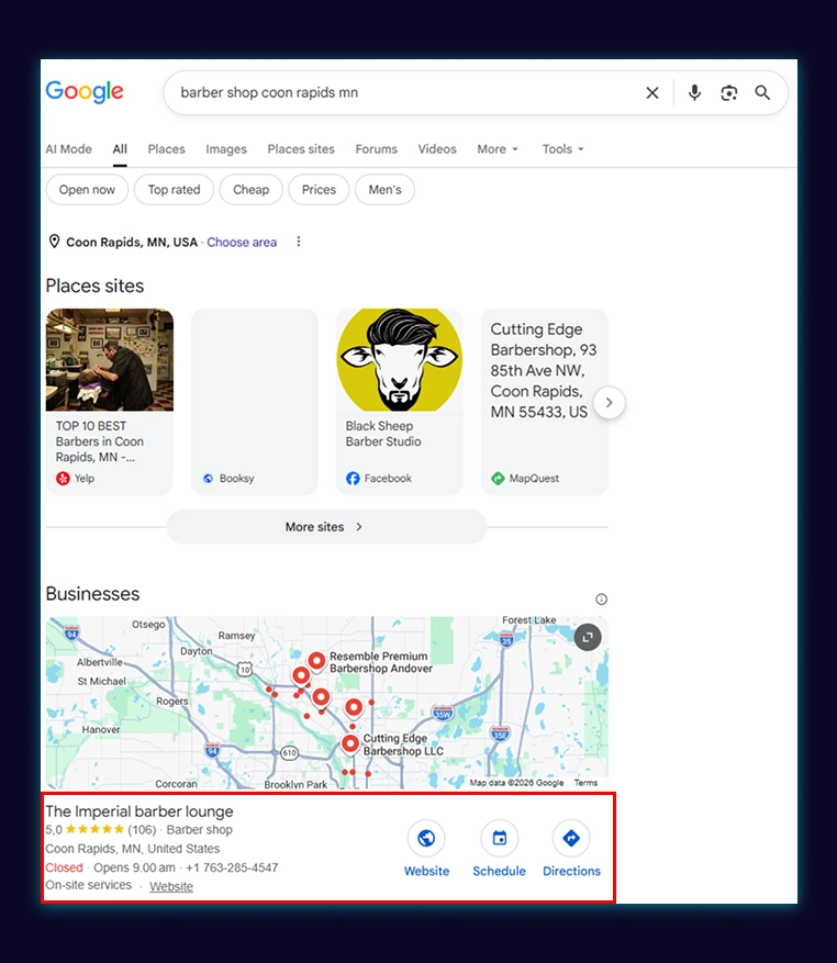 A google search showing that Imperial Barber Lounge's website is currently ranked first for the search term "barber in coon rapids mn"