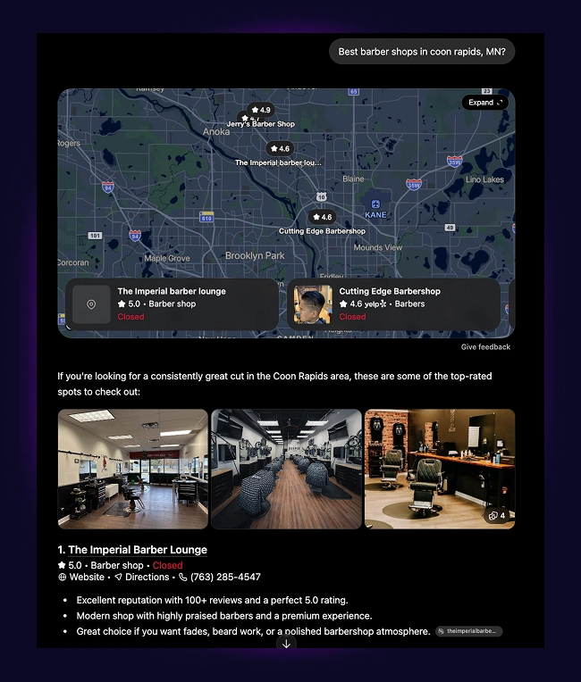 ChatGPT results for "Best barber shops in Coon Rapids, MN" showing The Imperial Barber Lounge ranked #1 with a 5.0-star rating, above two other barbershops.