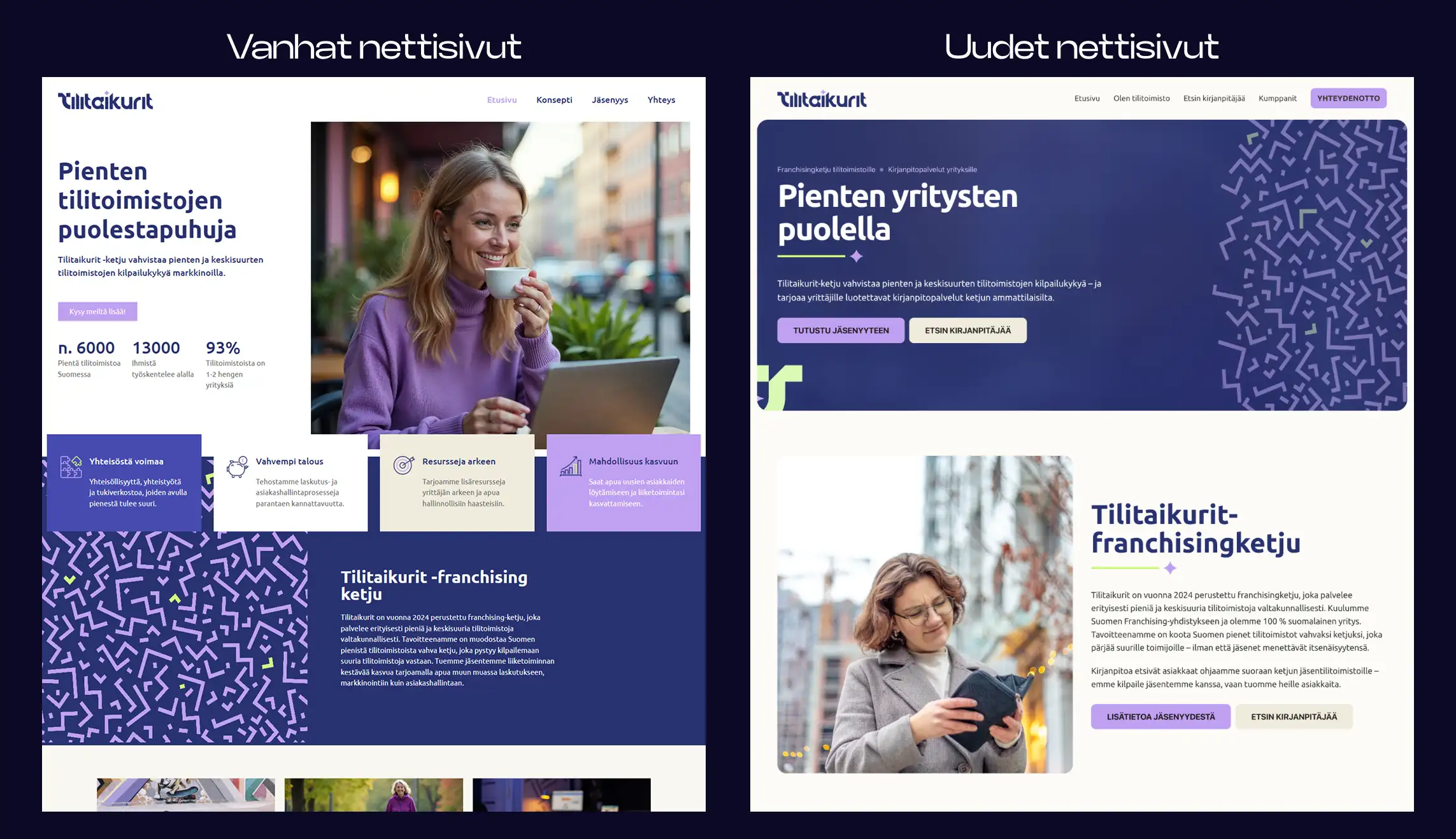 Tilitaikurien vanhat ja uudet nettisivut vierekkäin